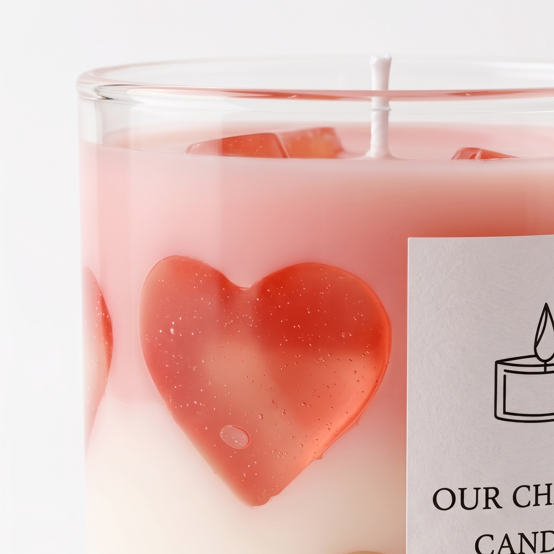 Extreme macro close-up of an aesthetic Valentine gift candle showcasing the glossy waxy texture of translucent red gel hearts inside a smooth glass jar. High-resolution view of the crisp rectangular "OUR CHAPTER CANDLES" label.