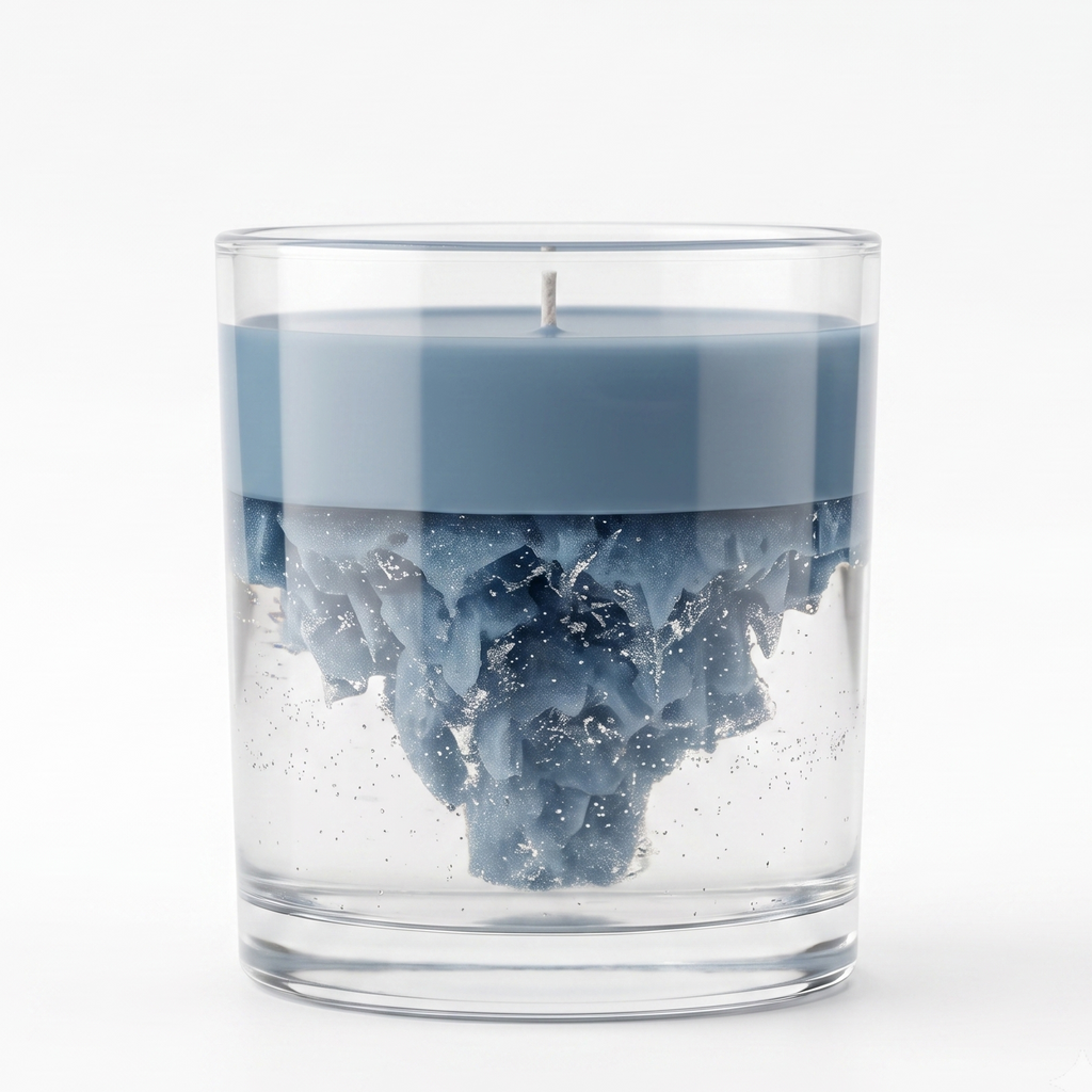 An artistic dual-layer iceberg soy and gel wax candle in a clear glass jar. Features a smooth solid colored top layer with an inverted 3D icicle mountain structure suspended in clear glittery gel wax on a white background.