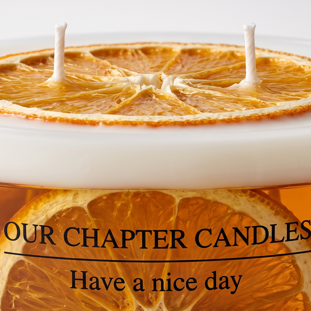 Extreme macro close-up of a botanical candle showing the fibrous texture of a dried orange slice on white wax and embedded citrus fruit in a transparent amber gel wax layer with sharp branded typography.