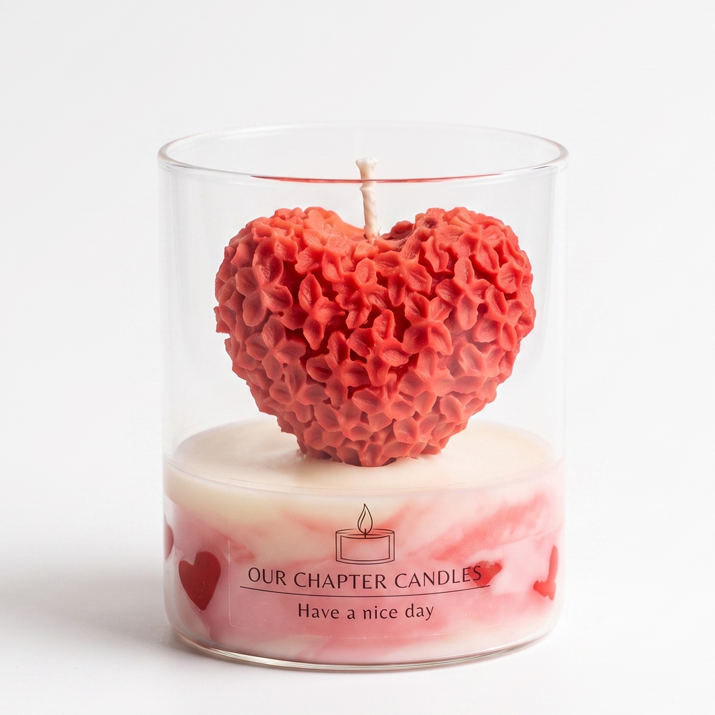 A luxury artisanal soy wax candle in a clear glass jar based on image_4635e2.jpg. Features a pink and white marbled wax base and a large, stunning red heart sculpture intricately carved with tiny lilac flowers on a pure white background.