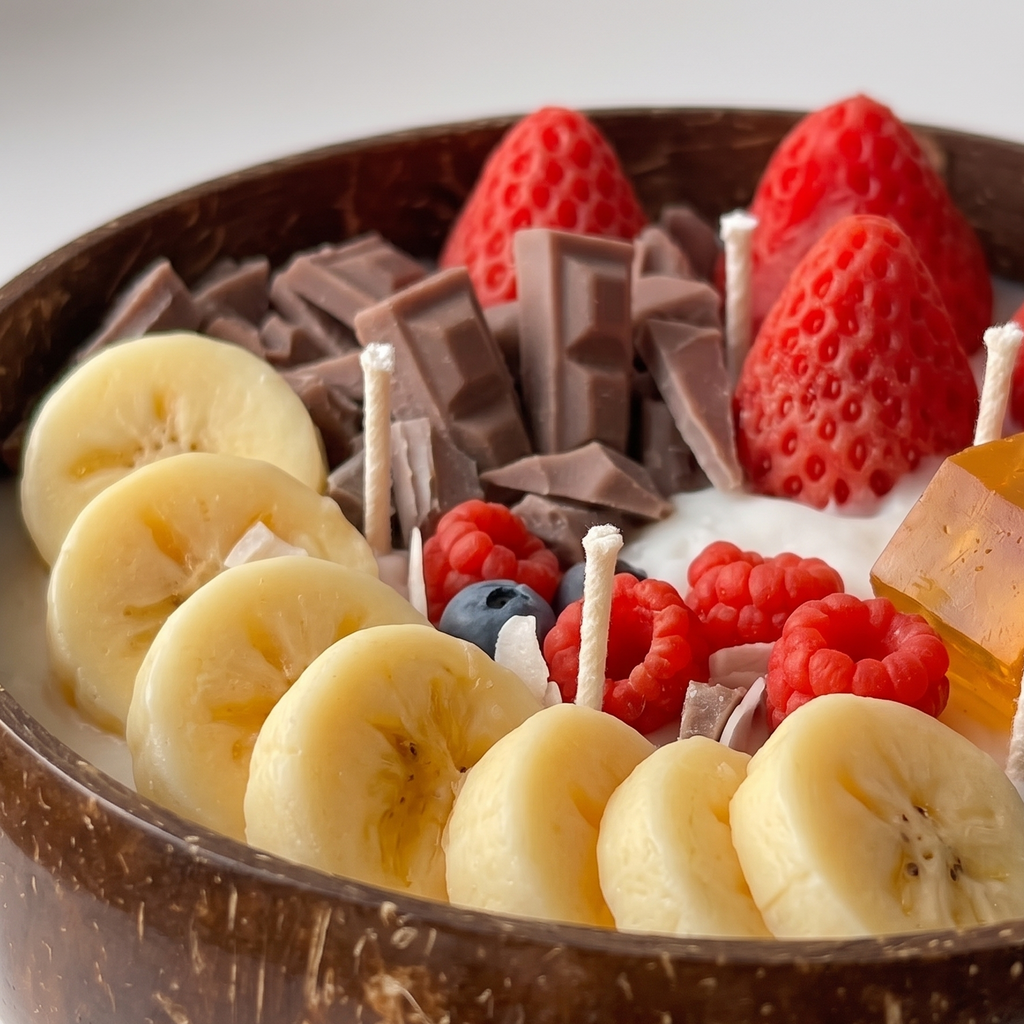 Extreme macro close-up of a luxury dessert candle showing detailed textures of realistic wax strawberries, banana slices, and the fibrous organic surface of a natural coconut bowl.