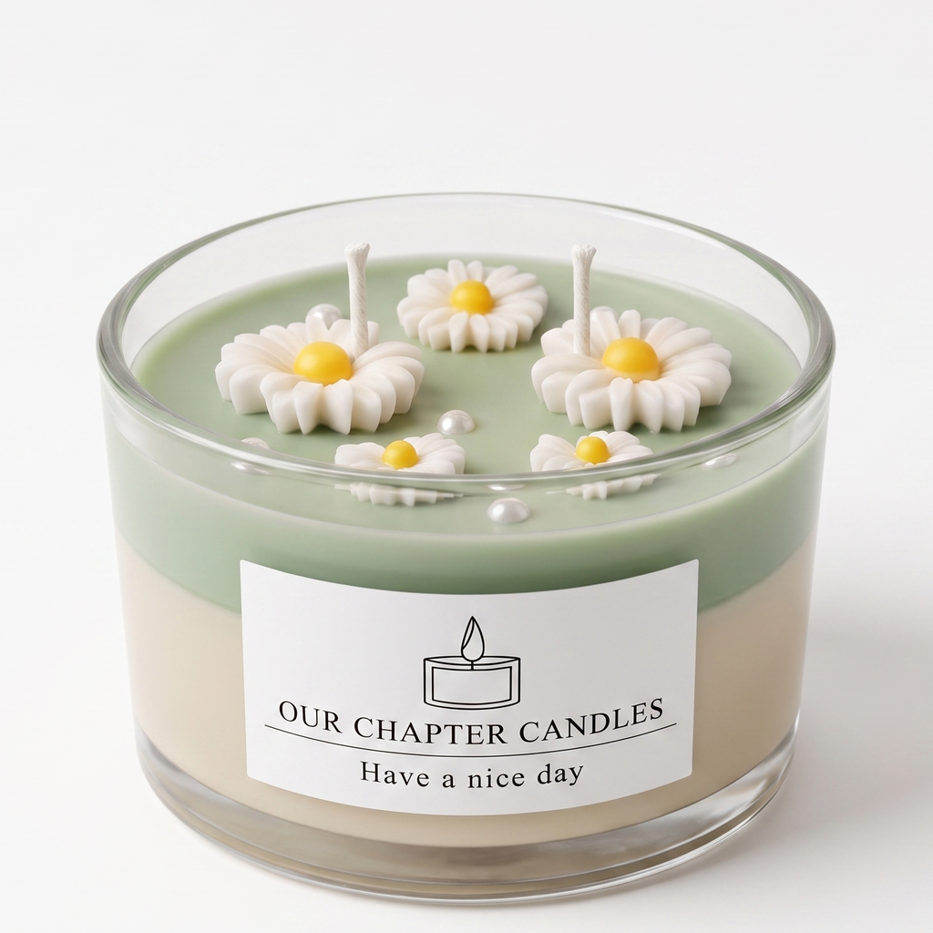A luxury dual-layer daisy botanical soy wax candle in a clear glass jar based on image_3986bd.jpg. Features a solid light-beige base, a soft sage green top layer decorated with realistic white wax daisies and mini pearls on a white background.