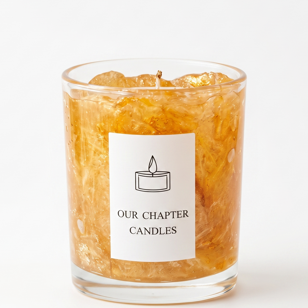 A luxury crystal gel wax candle in a clear glass jar based on image_e03fdc.jpg. Features a translucent amber-gold wax infused with metallic gold foil flakes and crushed ice textures, with a clean "OUR CHAPTER CANDLES" label on a white background.