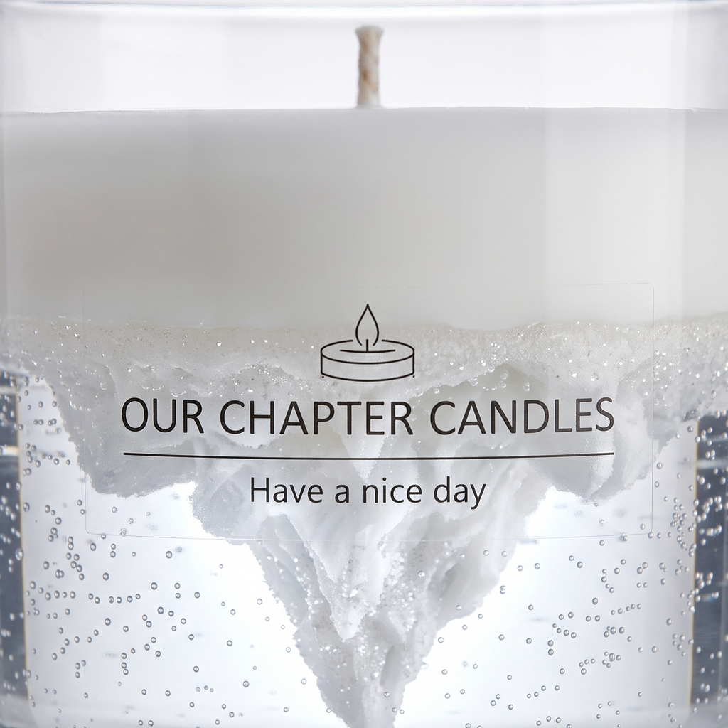 Extreme macro close-up of an aesthetic iceberg candle showcasing the intricate texture of the inverted waxy mountain peaks, silver glitter flakes, and tiny air bubbles inside transparent gel wax.