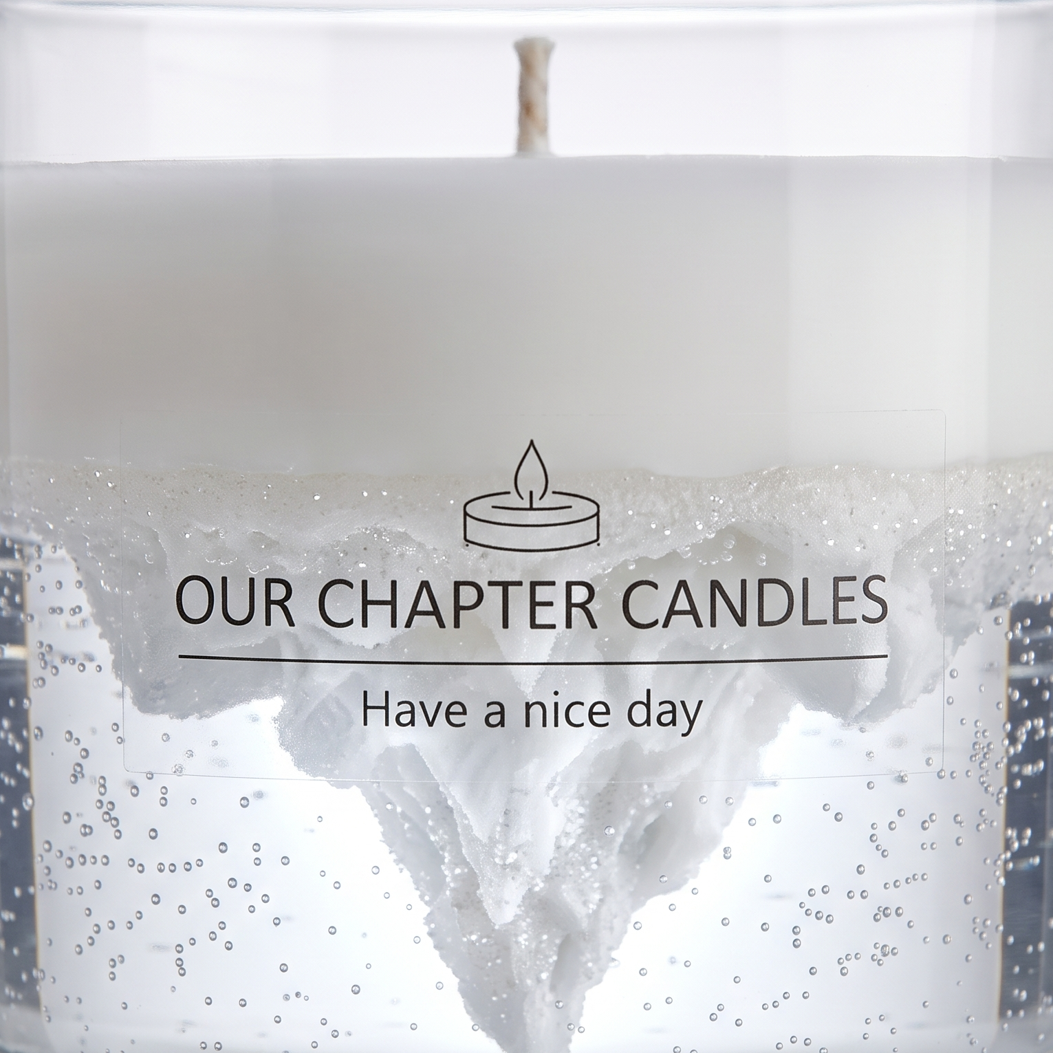 Extreme macro close-up of an aesthetic iceberg candle showcasing the intricate texture of the inverted waxy mountain peaks, silver glitter flakes, and tiny air bubbles inside transparent gel wax.
