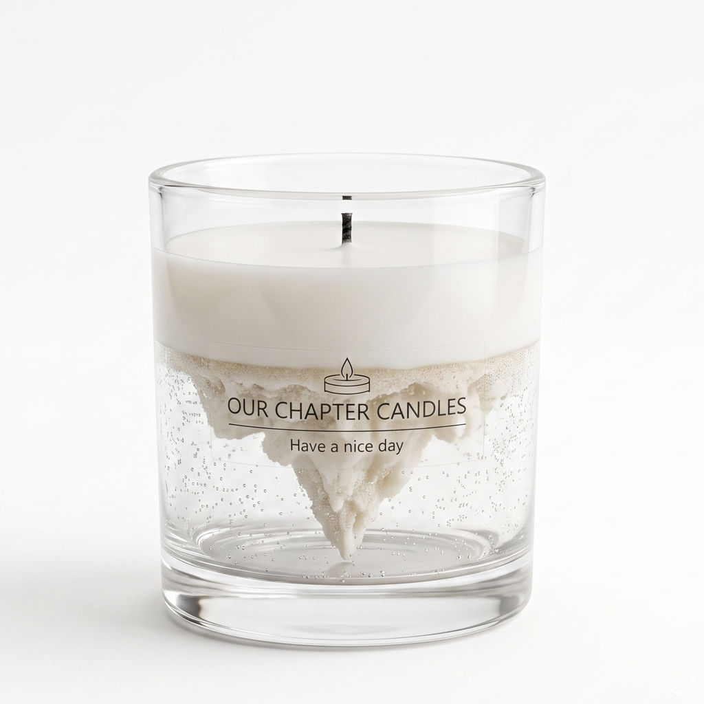 An artistic dual-layer iceberg soy and gel wax candle in a clear glass jar. Features a smooth solid colored top layer with an inverted 3D icicle mountain structure suspended in clear glittery gel wax on a white background.