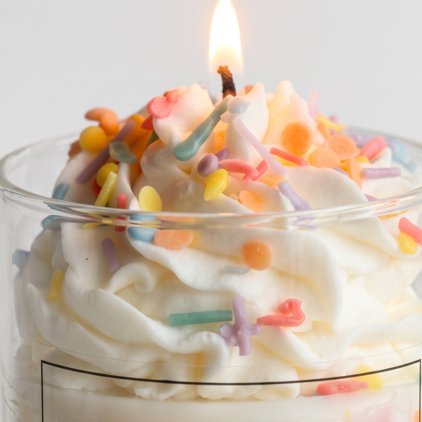 Extreme macro close-up of a lit dessert candle showing the detailed texture of whipped wax cream peaks and colorful sprinkles. High-resolution view of the glowing flame and sharp branded thank you typography.
