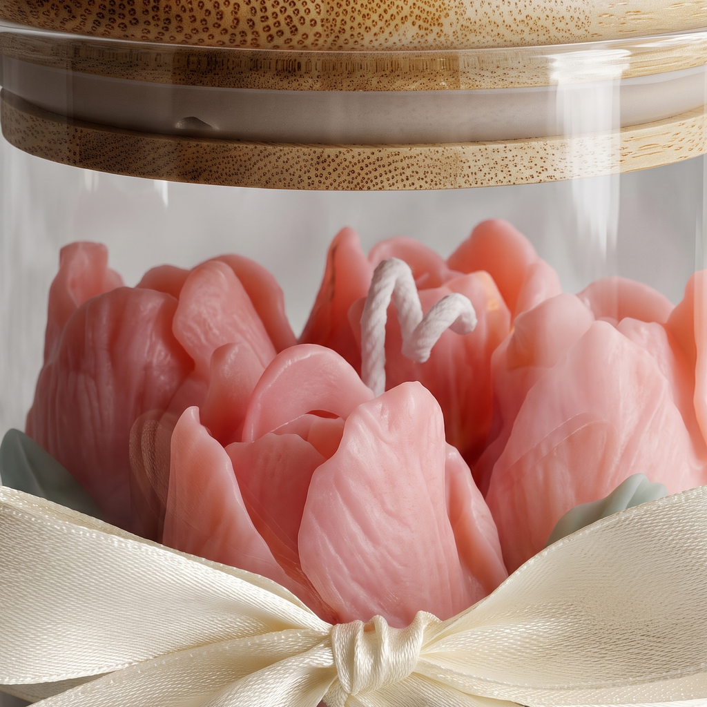 Extreme close-up macro view of the waxy texture on pink tulip petals inside clear polished glass. High-resolution detail showing the natural grain of the bamboo lid and woven fabric of the satin bow.