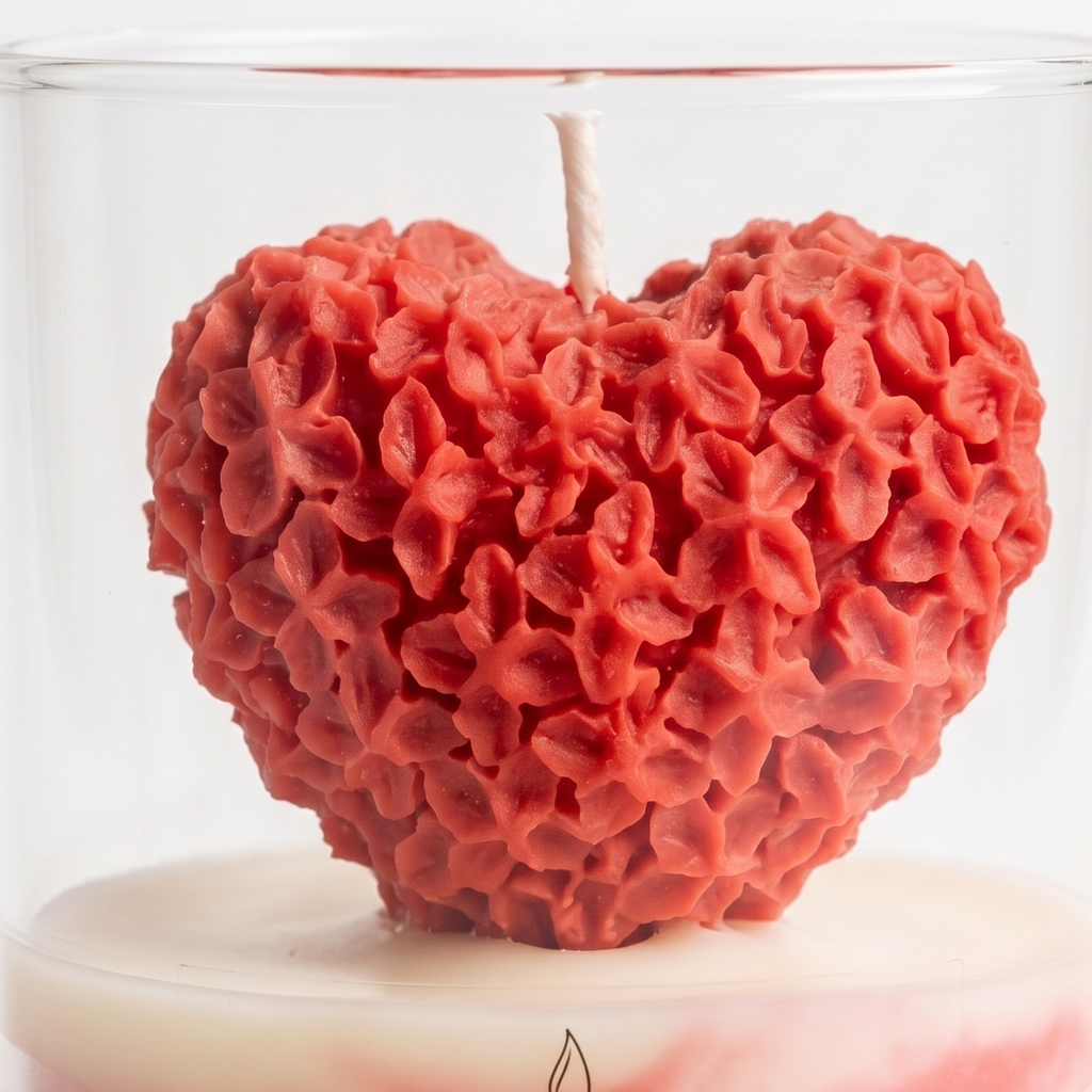 Extreme macro close-up of a romantic valentine candle showcasing the detailed 3D texture of hundreds of carved wax flower petals on a red heart sculpture. High-resolution view of the marble base and sharp "OUR CHAPTER CANDLES" typography.
