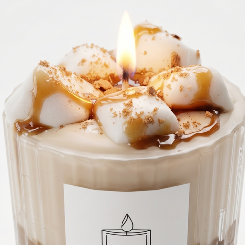 Extreme macro close-up of a lit coffee scented candle showcasing the waxy matte texture of marshmallows and glossy caramel drizzle with a fine dust of cinnamon powder. High-resolution view of the glowing flame and sharp "OUR CHAPTER CANDLES" label.