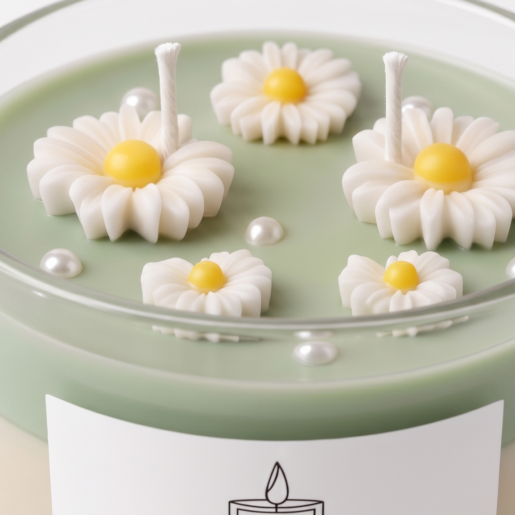 Extreme macro close-up of a botanical candle showcasing the detailed waxy texture of white daisy petals and scattered pearls on a green wax layer. High-resolution view of the sharp "OUR CHAPTER CANDLES" typography.