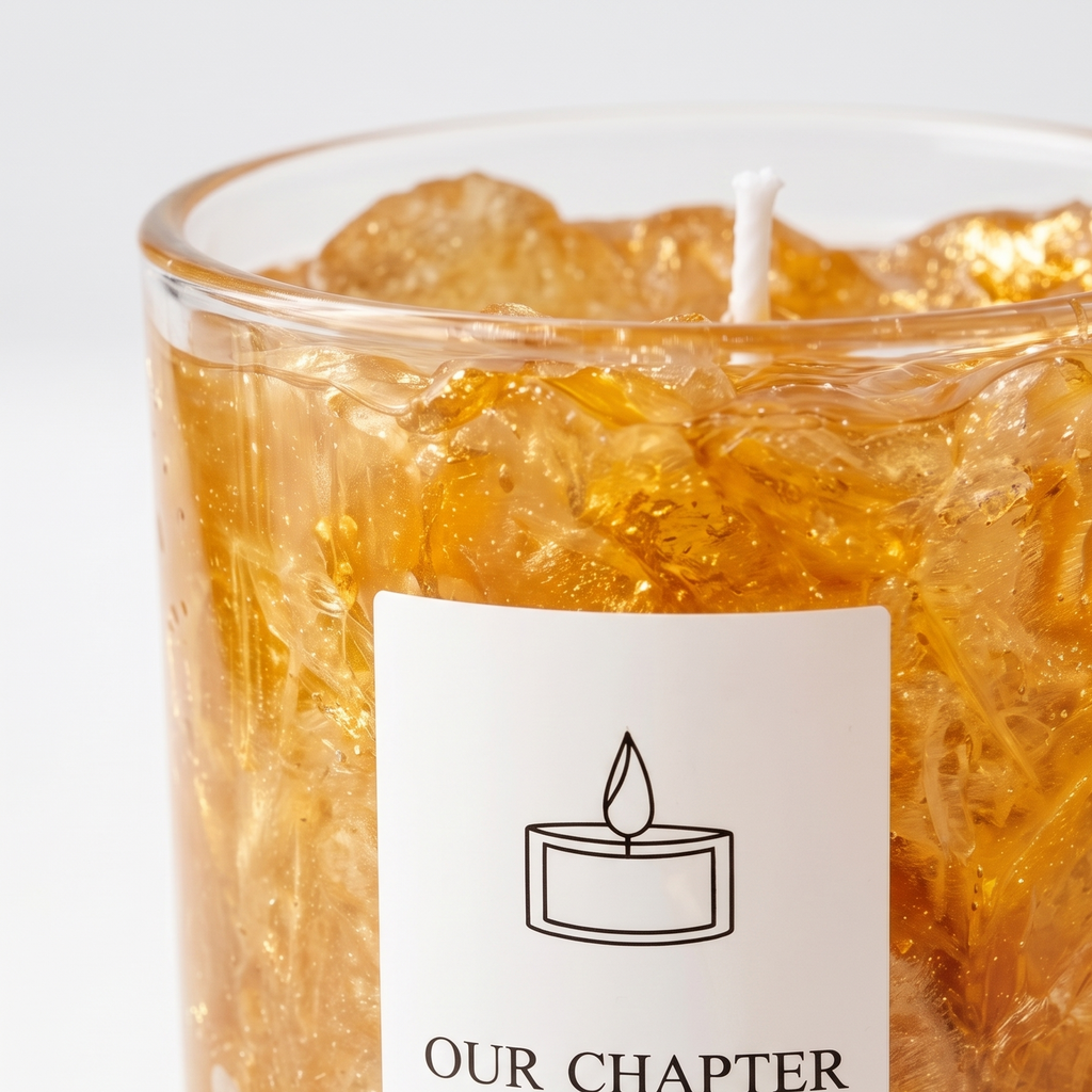 Extreme macro close-up of a premium gel wax candle showcasing the detailed shimmering texture of embedded metallic gold foil flakes and crushed crystal wax patterns. High-resolution view of the sharp white paper brand label.