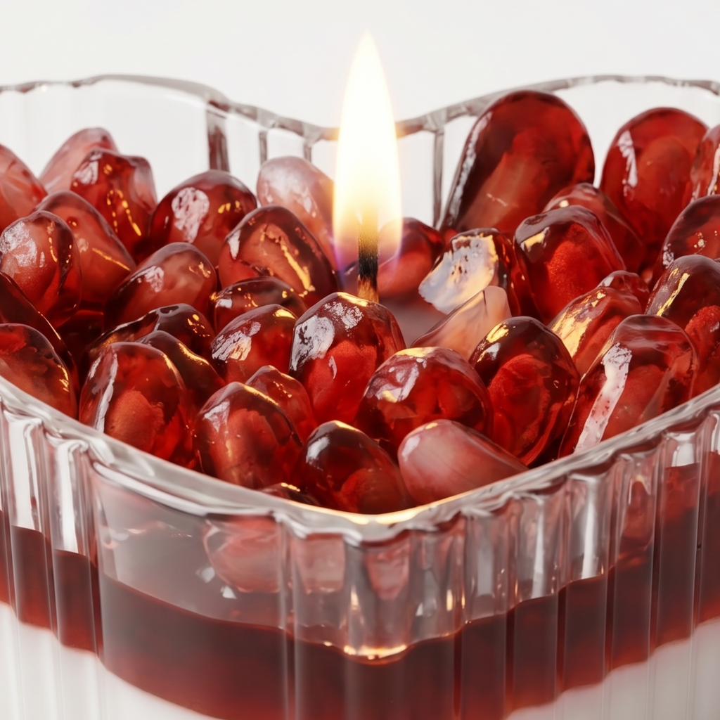 Extreme macro close-up of a lit valentine candle showcasing the glossy waxy texture of ruby pomegranate seeds and a glowing flame. High-resolution view of the ribbed heart-shaped glass with distinct soy and gel wax layers.