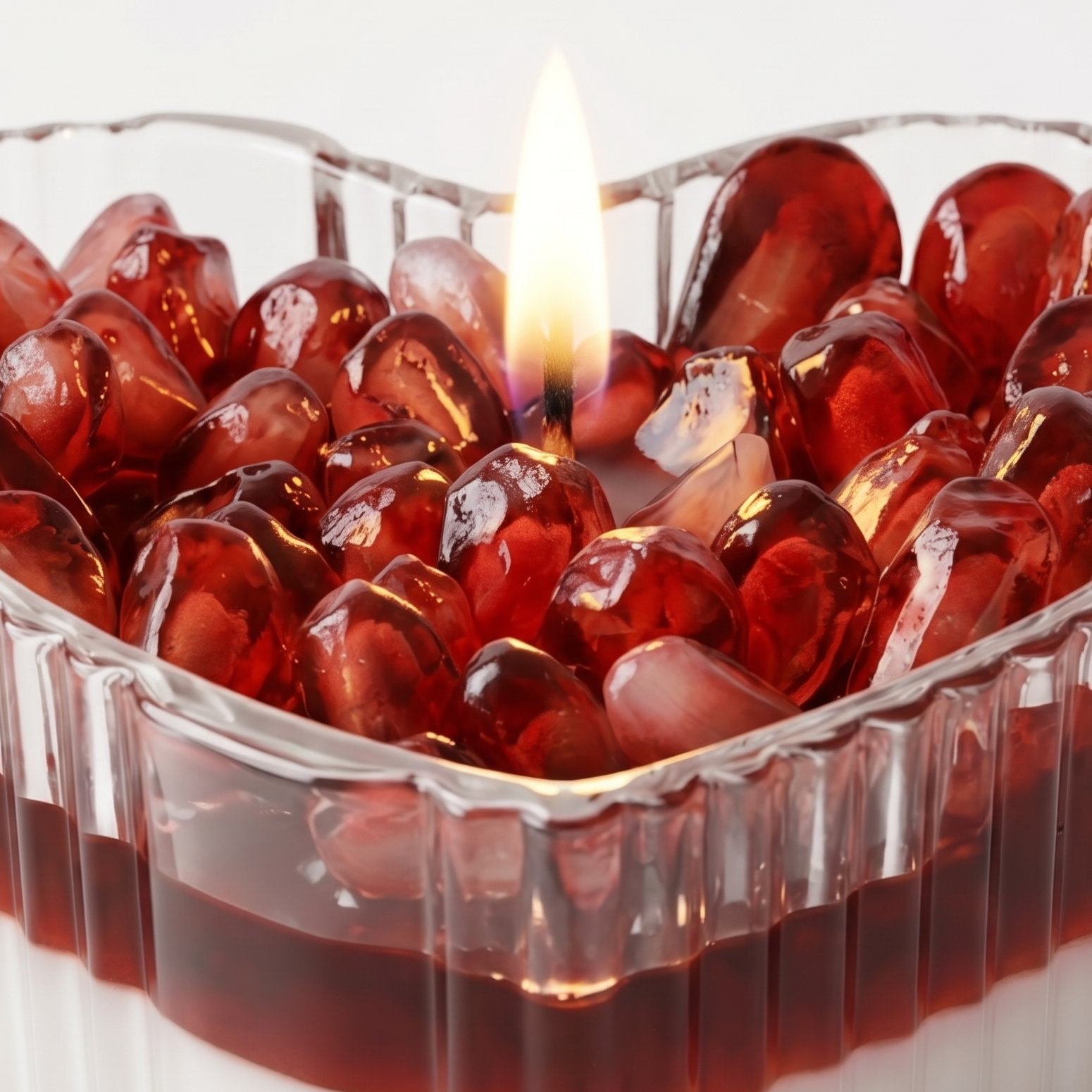 Extreme macro close-up of a lit valentine candle showcasing the glossy waxy texture of ruby pomegranate seeds and a glowing flame. High-resolution view of the ribbed heart-shaped glass with distinct soy and gel wax layers.