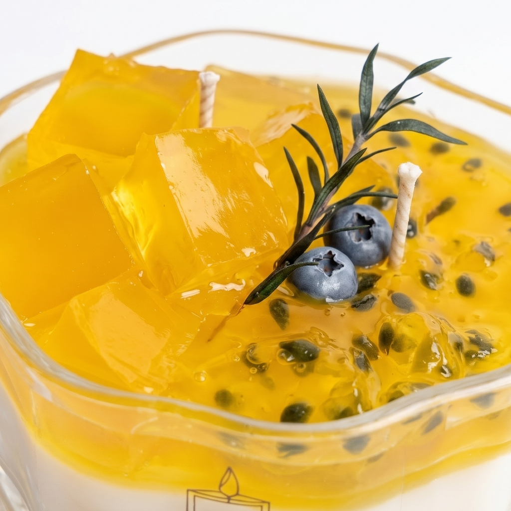 Extreme macro close-up of a boutique dessert candle bowl showcasing the glossy texture of translucent yellow gel cubes and embedded black seeds. High-resolution view of realistic wax blueberries and sharp "OUR CHAPTER CANDLES" typography.