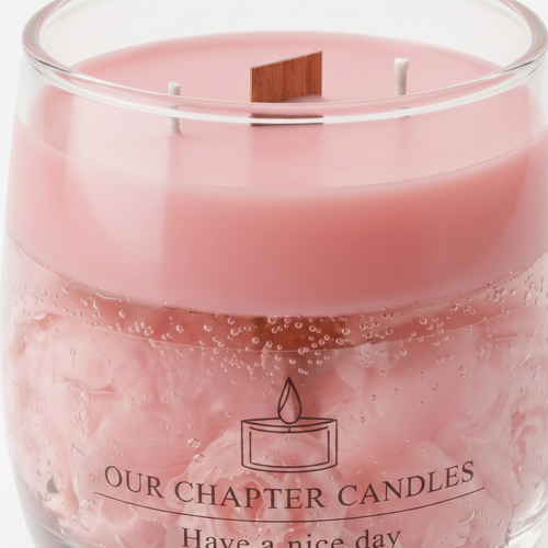 Extreme macro close-up of a floral candle showcasing the flat soy wax layer with a unique wooden wick and the detailed texture of embedded pink wax roses inside clear gel wax with sharp branded typography.