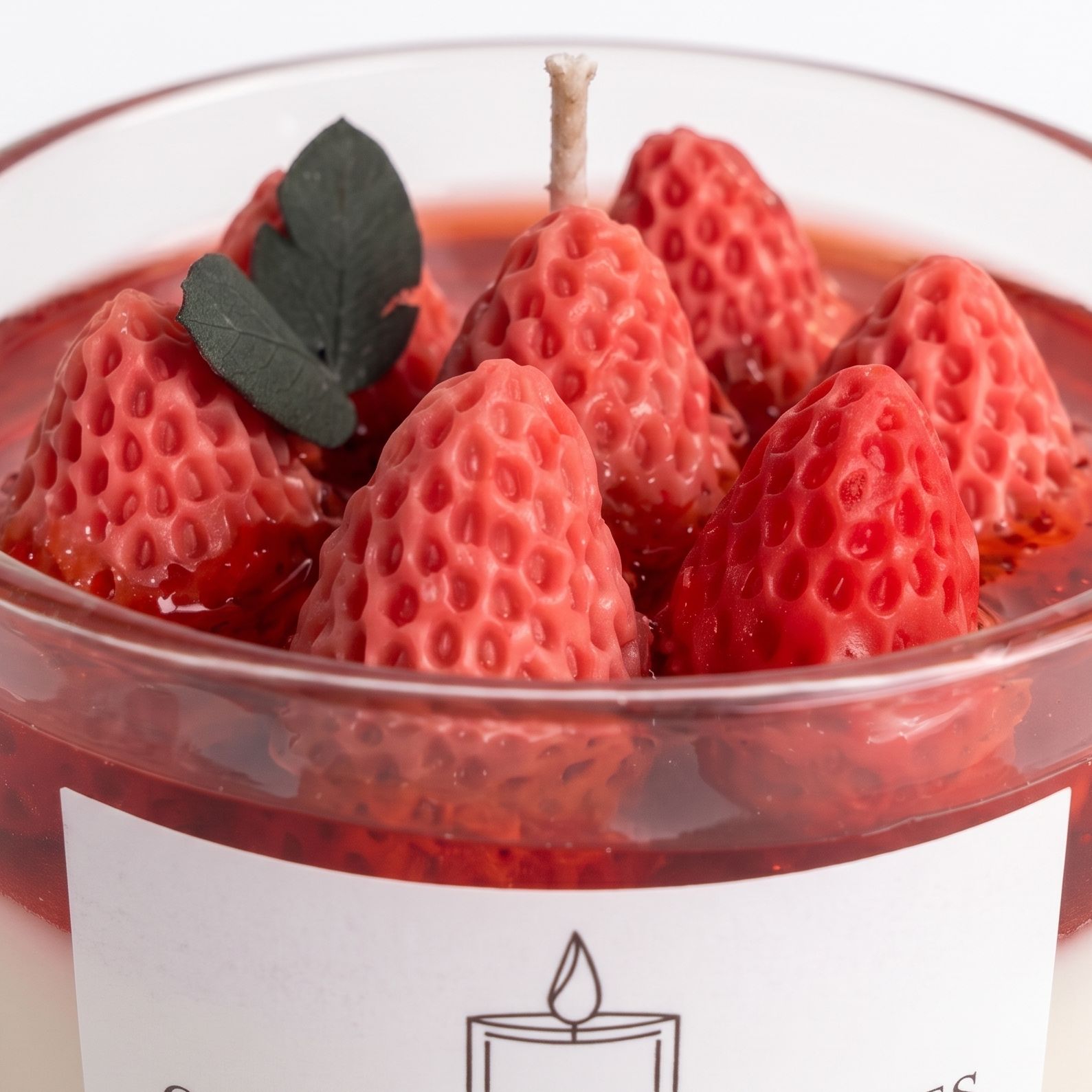 Extreme macro close-up of a dessert candle showcasing the realistic waxy texture of red strawberries and their seed dimples. High-resolution view of the translucent deep red gel layer and sharp rectangular "OUR CHAPTER CANDLES" label.