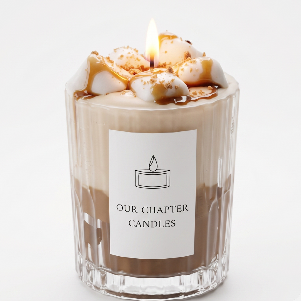 A luxury multi-layered coffee dessert soy wax candle in a clear ribbed glass jar based on image_ed063d.jpg. Features a brown coffee and cream white base topped with realistic wax marshmallows, glossy amber caramel drizzle, and a burning flame on a white background.