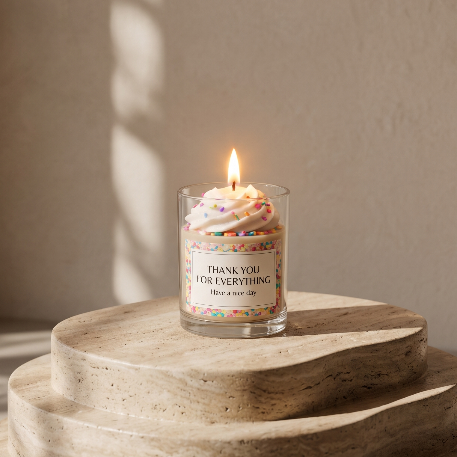 Serene aesthetic lifestyle setting featuring a lit colorful sprinkle jar candle on a minimalist beige table. Cozy and bright modern room decor, ideal for luxury sweet-scented aromatherapy gifting.