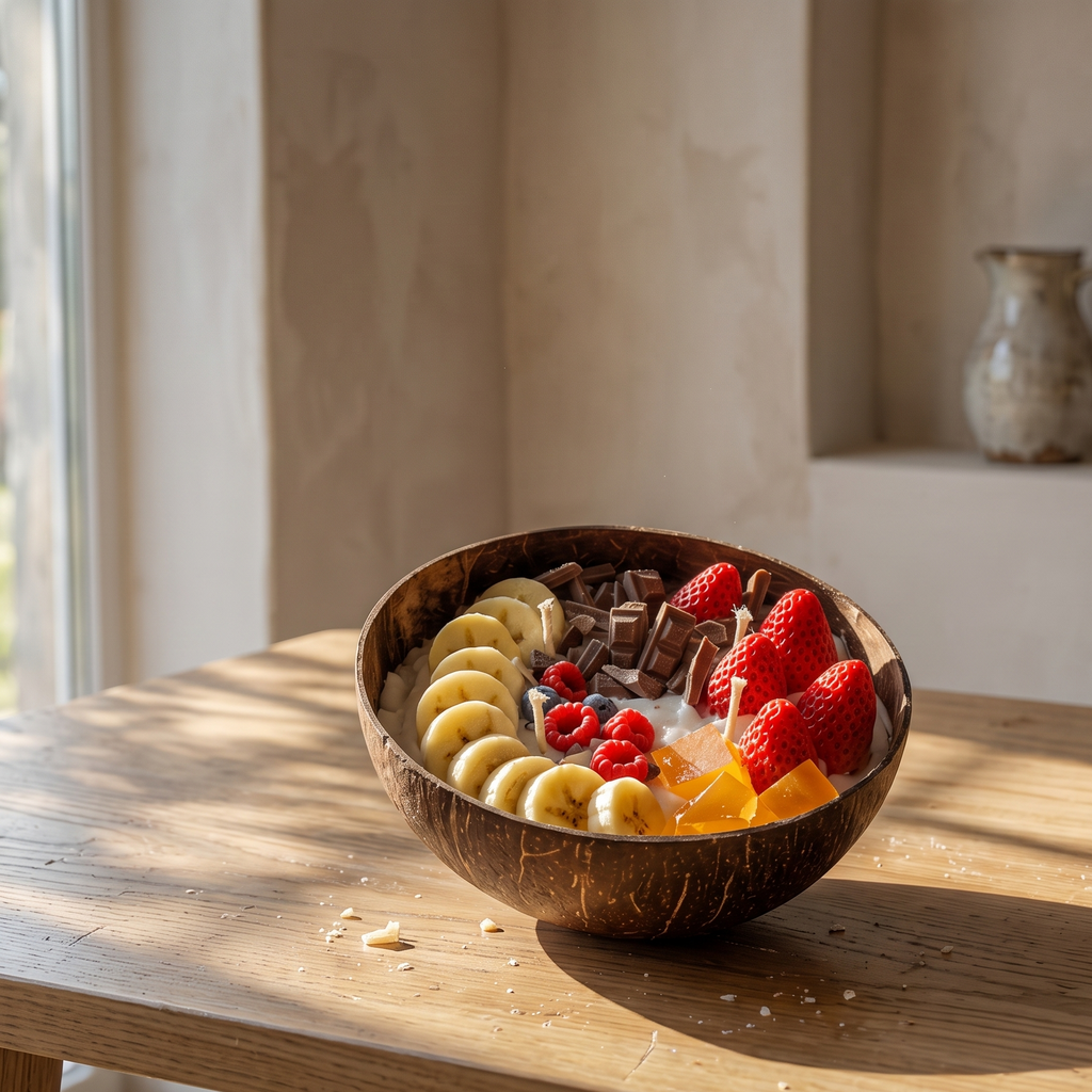 Serene minimalist lifestyle image with a large 14cm decorative coconut bowl fruit candle on a bright, modern wooden table. Elegant, clean room setting for unique aesthetic aromatherapy gifts.