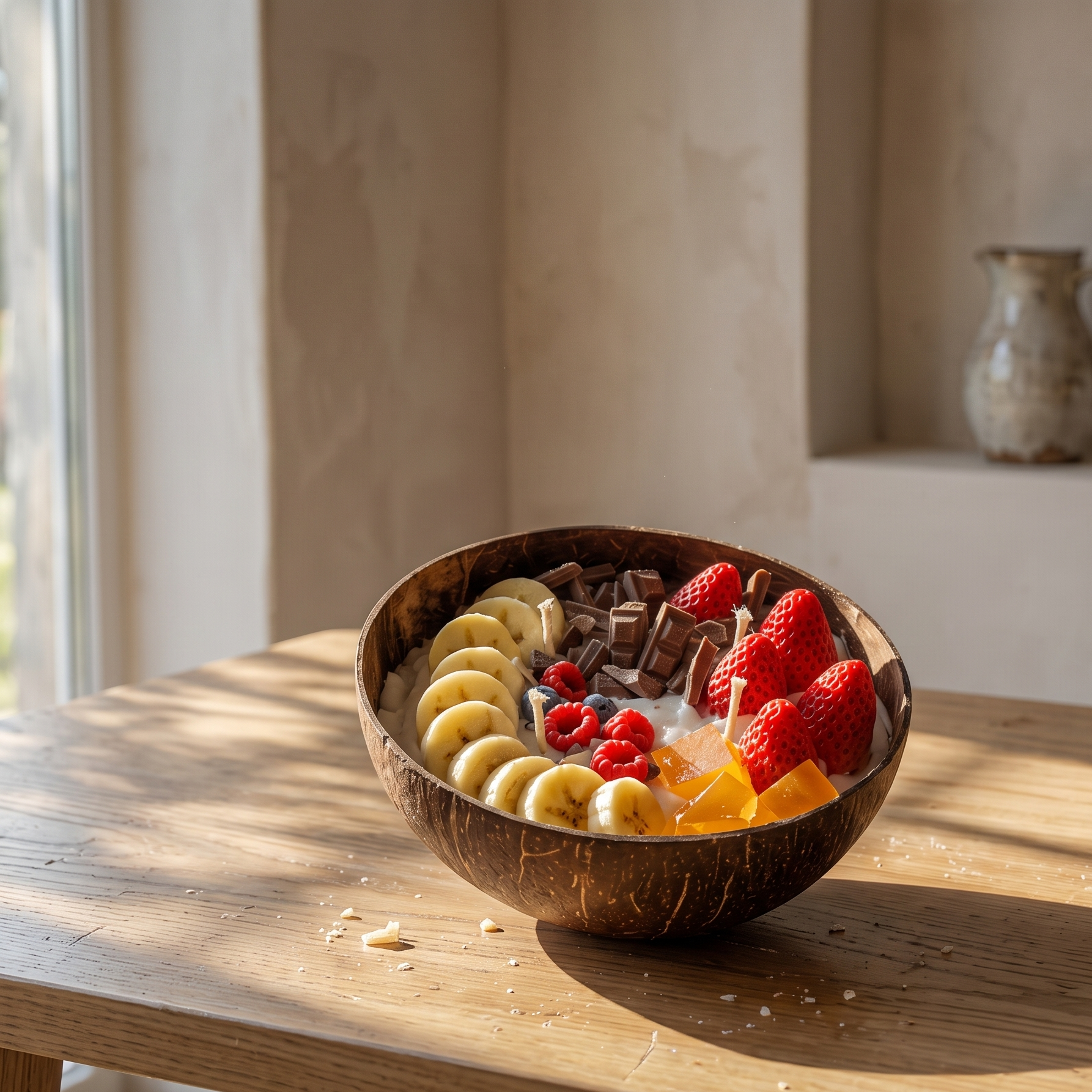 Serene minimalist lifestyle image with a large 14cm decorative coconut bowl fruit candle on a bright, modern wooden table. Elegant, clean room setting for unique aesthetic aromatherapy gifts.