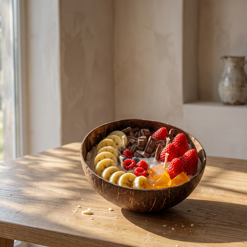 Serene minimalist lifestyle image with a large 14cm decorative coconut bowl fruit candle on a bright, modern wooden table. Elegant, clean room setting for unique aesthetic aromatherapy gifts.