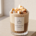 Serene aesthetic lifestyle setting featuring a lit dessert marshmallow jar candle on a minimalist wooden table. Clean and bright modern room atmosphere with natural morning light, perfect for premium luxury boutique aromatherapy gifting.