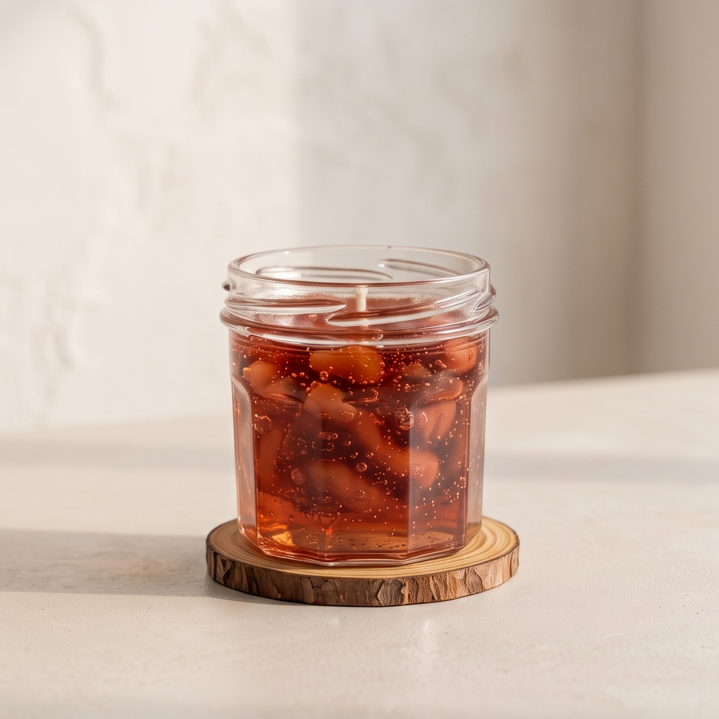 Serene aesthetic lifestyle setting featuring a small unlit strawberry jam jar candle on a round wooden slice coaster. Clean and bright modern room atmosphere with soft natural sunlight, ideal for luxury boutique aromatherapy gifts.