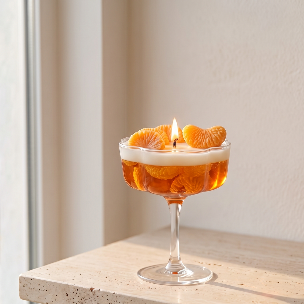 Serene aesthetic lifestyle setting featuring a lit mandarin cocktail stemmed jar candle on a minimalist travertine table. Clean and bright modern room atmosphere with natural sunlight, perfect for premium luxury boutique aromatherapy gifting.