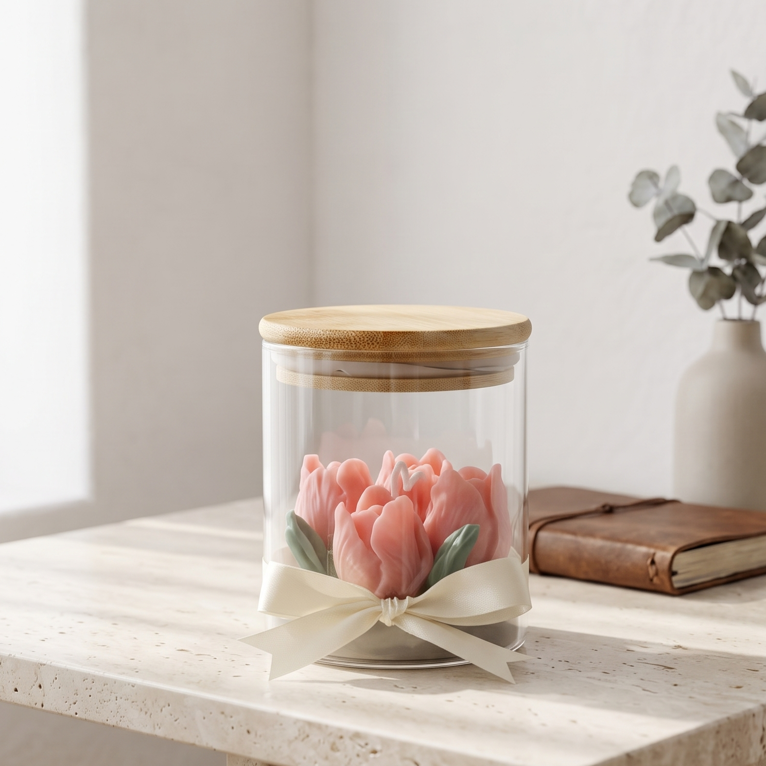 Serene aesthetic lifestyle scene with an unlit tulip floral jar candle on a travertine bedside table. Minimalist home decor atmosphere with soft natural light, perfect for aesthetic fragrance gifting.