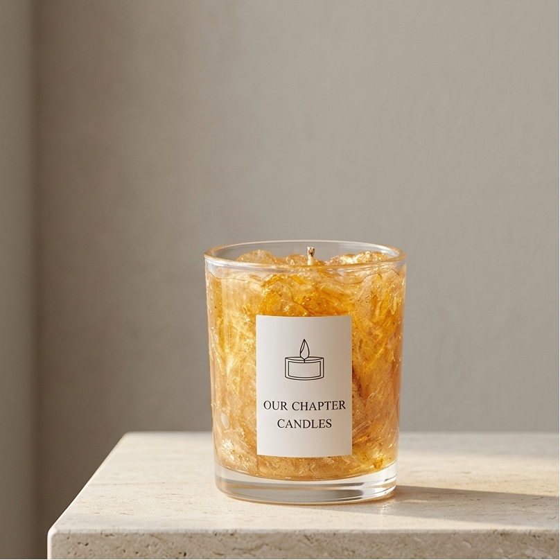 Serene aesthetic lifestyle setting featuring an unlit golden gel wax jar candle with gold foil on a minimalist limestone surface. Clean and bright modern room atmosphere with natural sunlight, perfect for elegant aromatherapy gifting.
