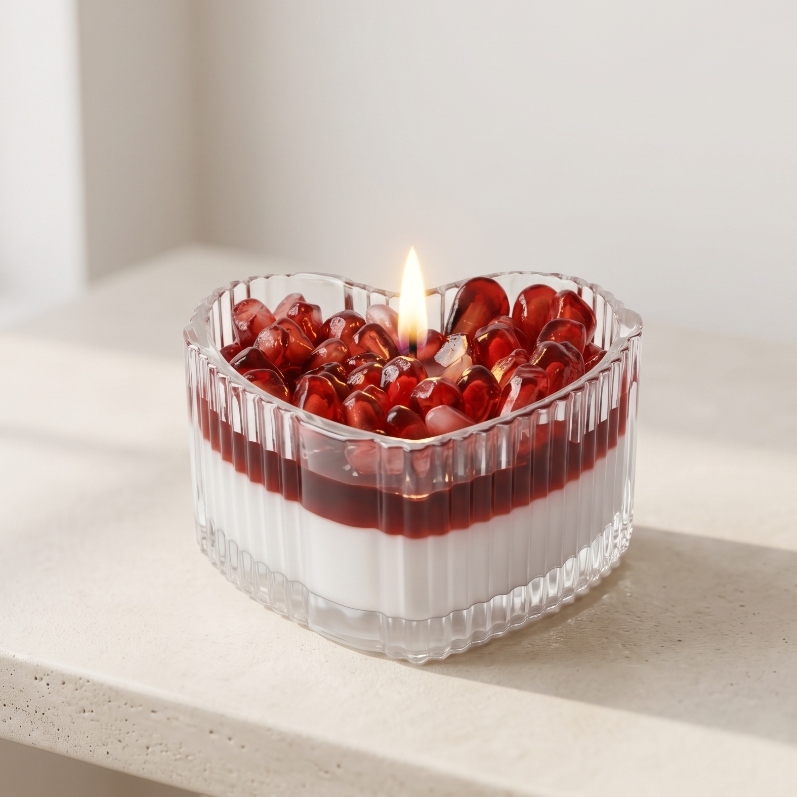 Serene aesthetic lifestyle setting featuring a lit heart-shaped pomegranate jar candle on a minimalist travertine table. Clean and bright modern room atmosphere, perfect for premium luxury Valentine's Day or anniversary gifting.