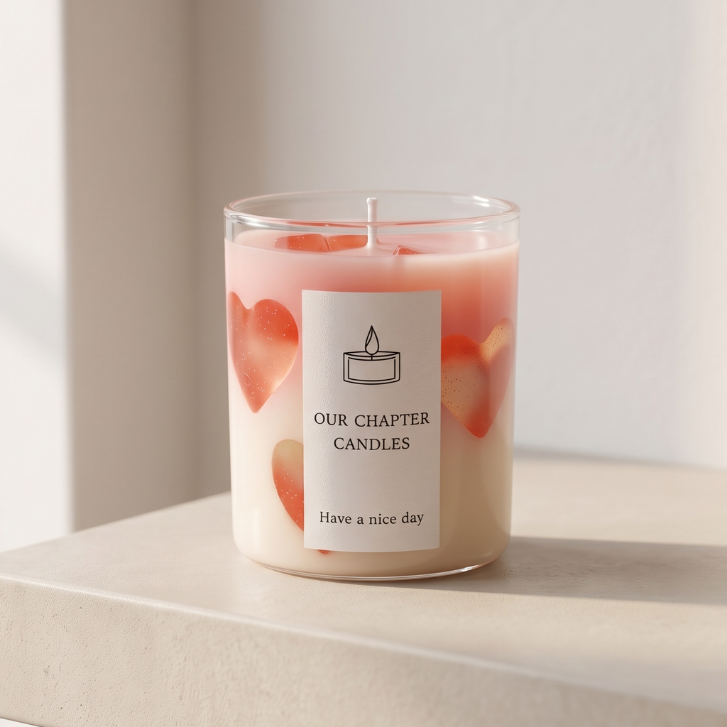 Serene aesthetic lifestyle setting featuring an unlit pink layered heart jar candle on a minimalist travertine surface. Clean and bright modern room atmosphere, perfect for luxury Valentine's Day or wedding anniversary gifting.