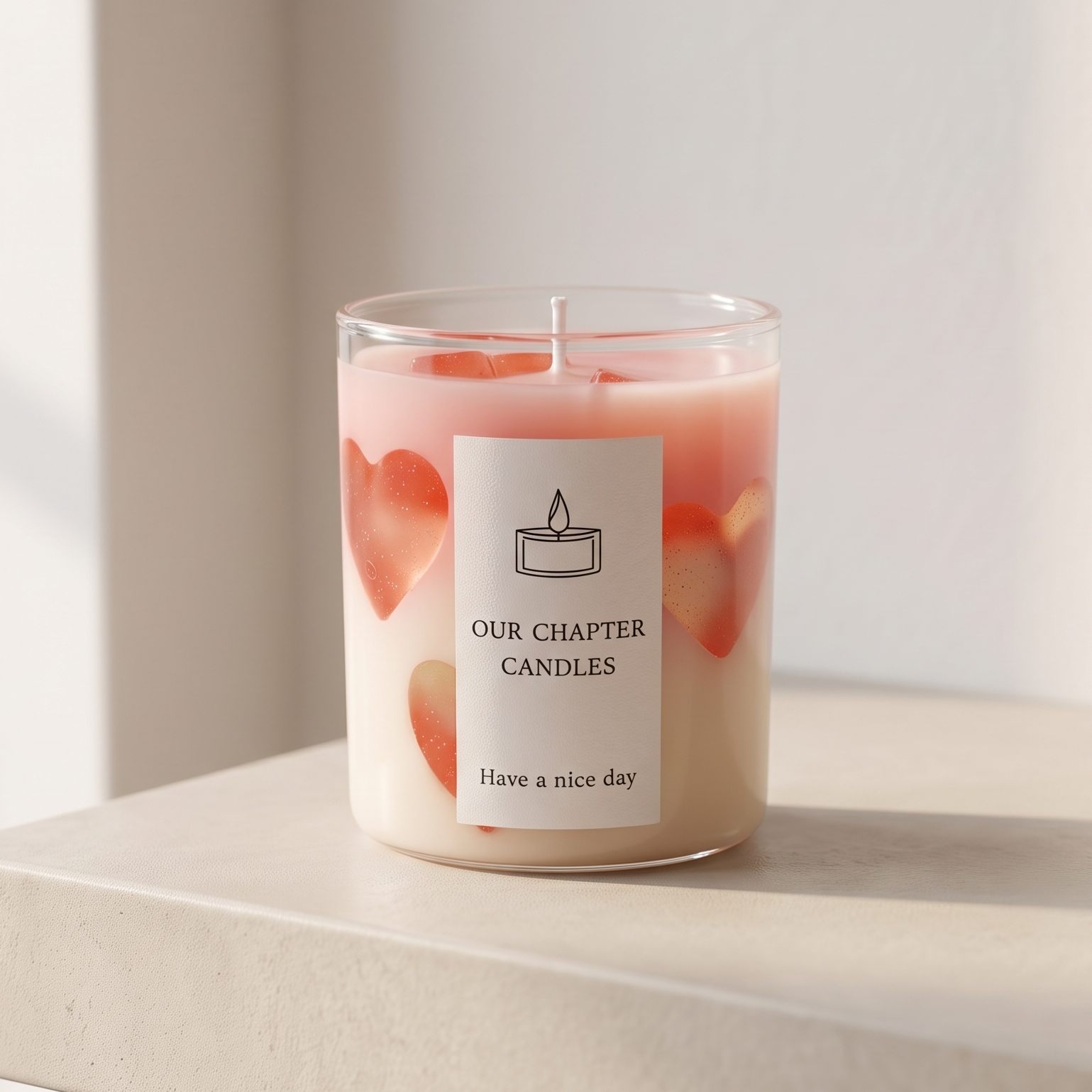 Serene aesthetic lifestyle setting featuring an unlit pink layered heart jar candle on a minimalist travertine surface. Clean and bright modern room atmosphere, perfect for luxury Valentine's Day or wedding anniversary gifting.