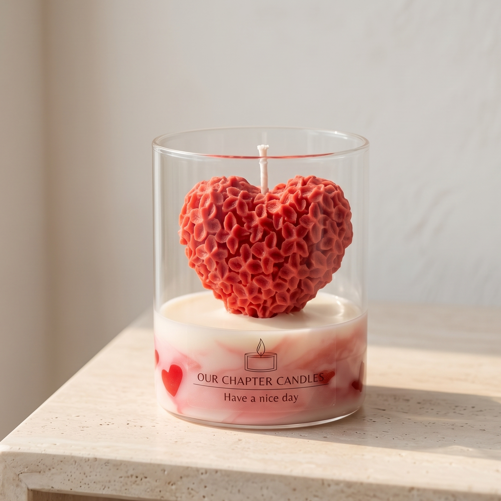 Serene aesthetic lifestyle setting featuring an unlit red carved floral heart jar candle on a minimalist travertine table. Clean and bright modern room atmosphere, perfect for premium luxury boutique anniversary or wedding gifting.