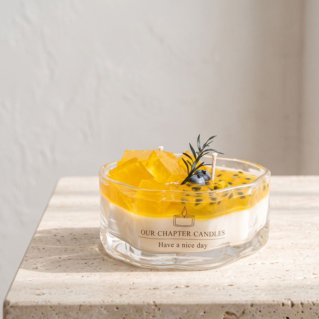 Serene aesthetic lifestyle setting featuring an unlit layered passion fruit jelly bowl candle on a minimalist travertine table. Clean and bright modern room atmosphere with natural sunlight, ideal for premium luxury boutique fragrance gifting.