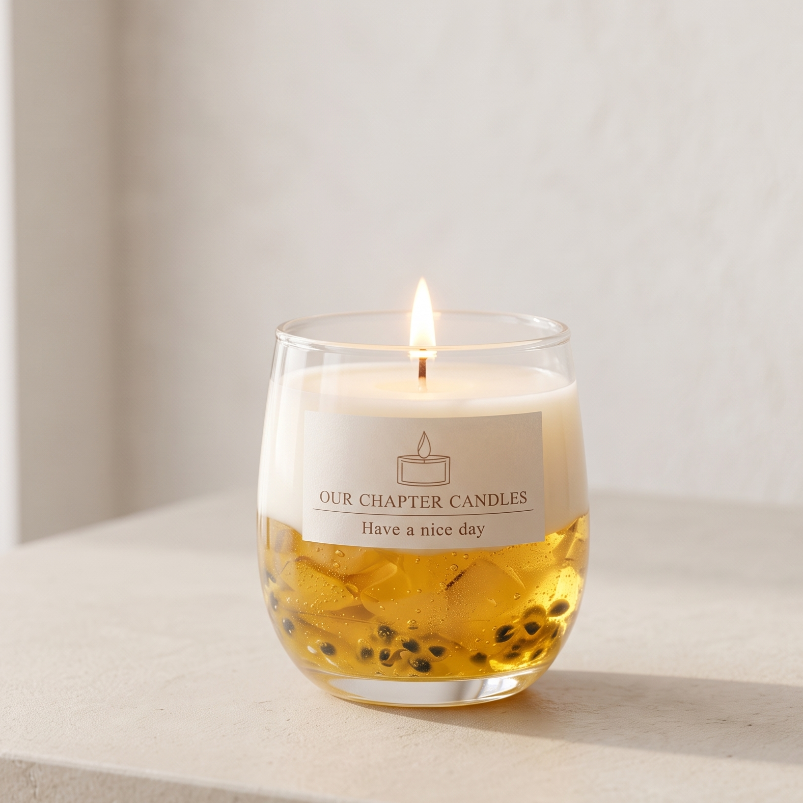 Serene aesthetic lifestyle setting featuring a lit golden-layered passion fruit jar candle on a minimalist travertine table. Clean and bright modern room atmosphere with soft natural sunlight, ideal for luxury boutique aromatherapy gifts.