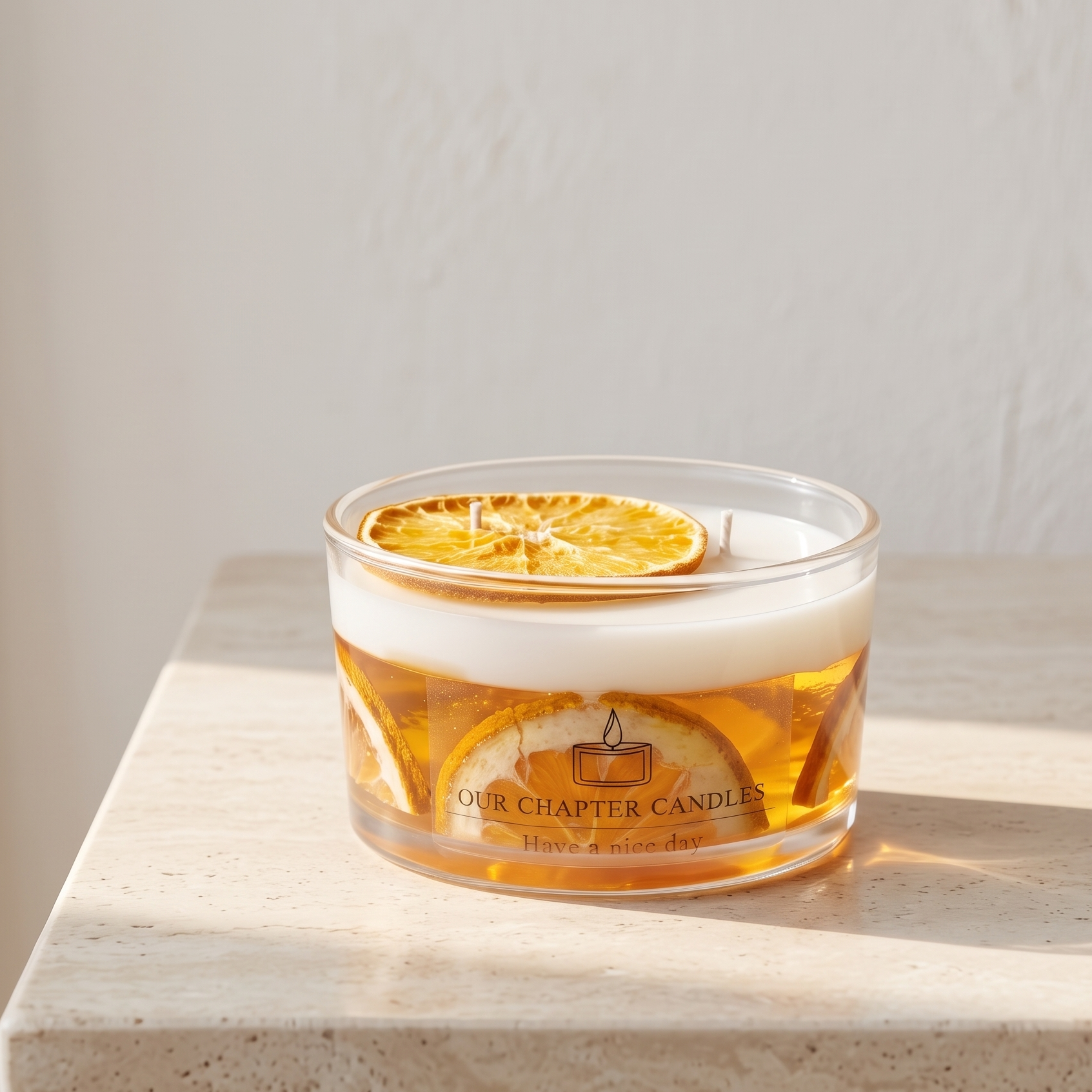 Serene aesthetic lifestyle setting featuring an unlit amber-layered orange slice jar candle on a minimalist travertine table. Cozy room decor with soft natural sunlight, perfect for luxury aromatherapy gifting.