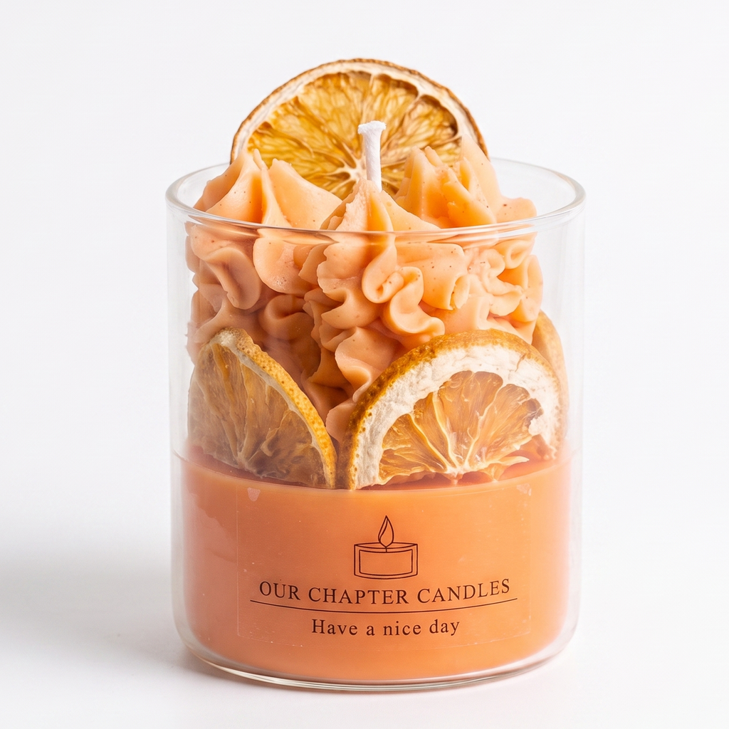 Luxury orange soy wax dessert candle in a clear glass jar topped with whipped wax and natural dried orange slices. Features the text "OUR CHAPTER CANDLES - Have a nice day" on a clean white background.