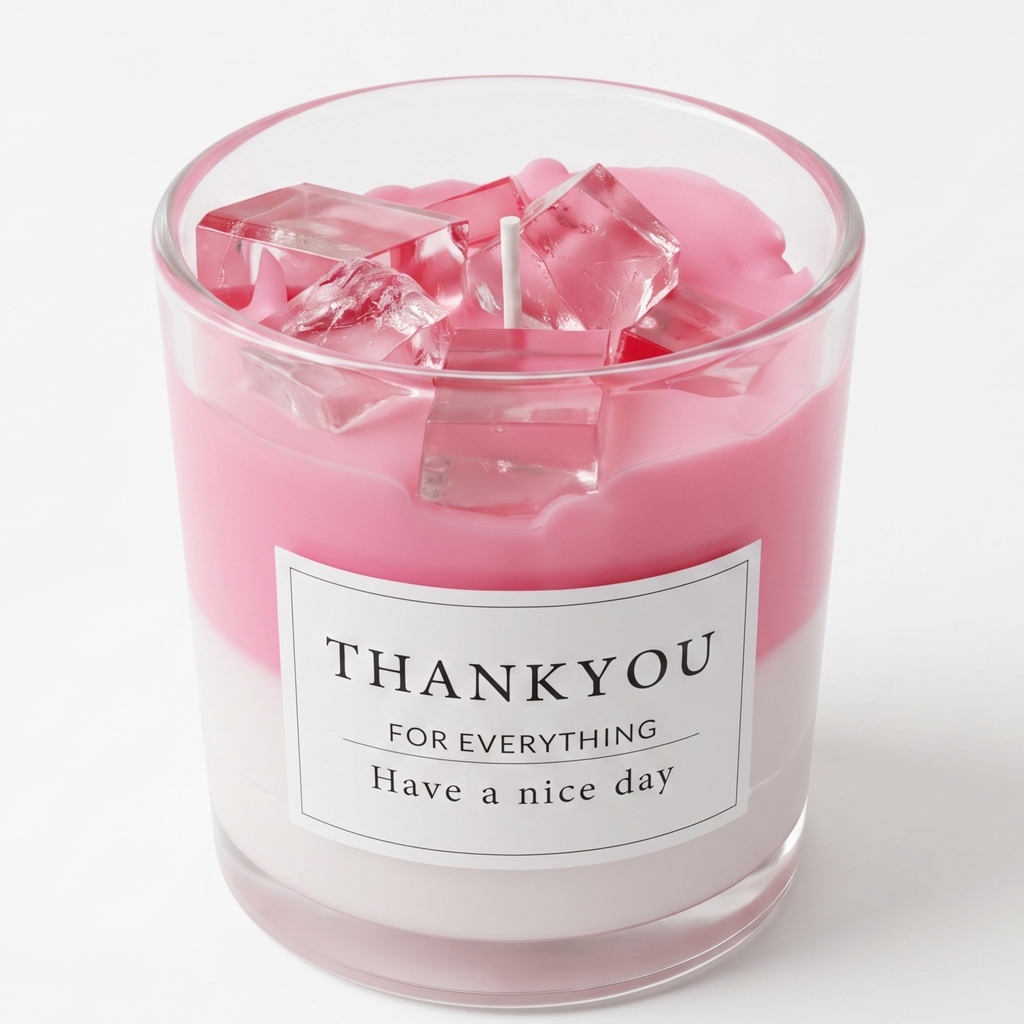Aesthetic pastel pink strawberry drink-shaped luxury candle with realistic transparent gel wax ice cubes on top. Features a clean white "THANK YOU" gift label in a polished clear glass jar on a white background.