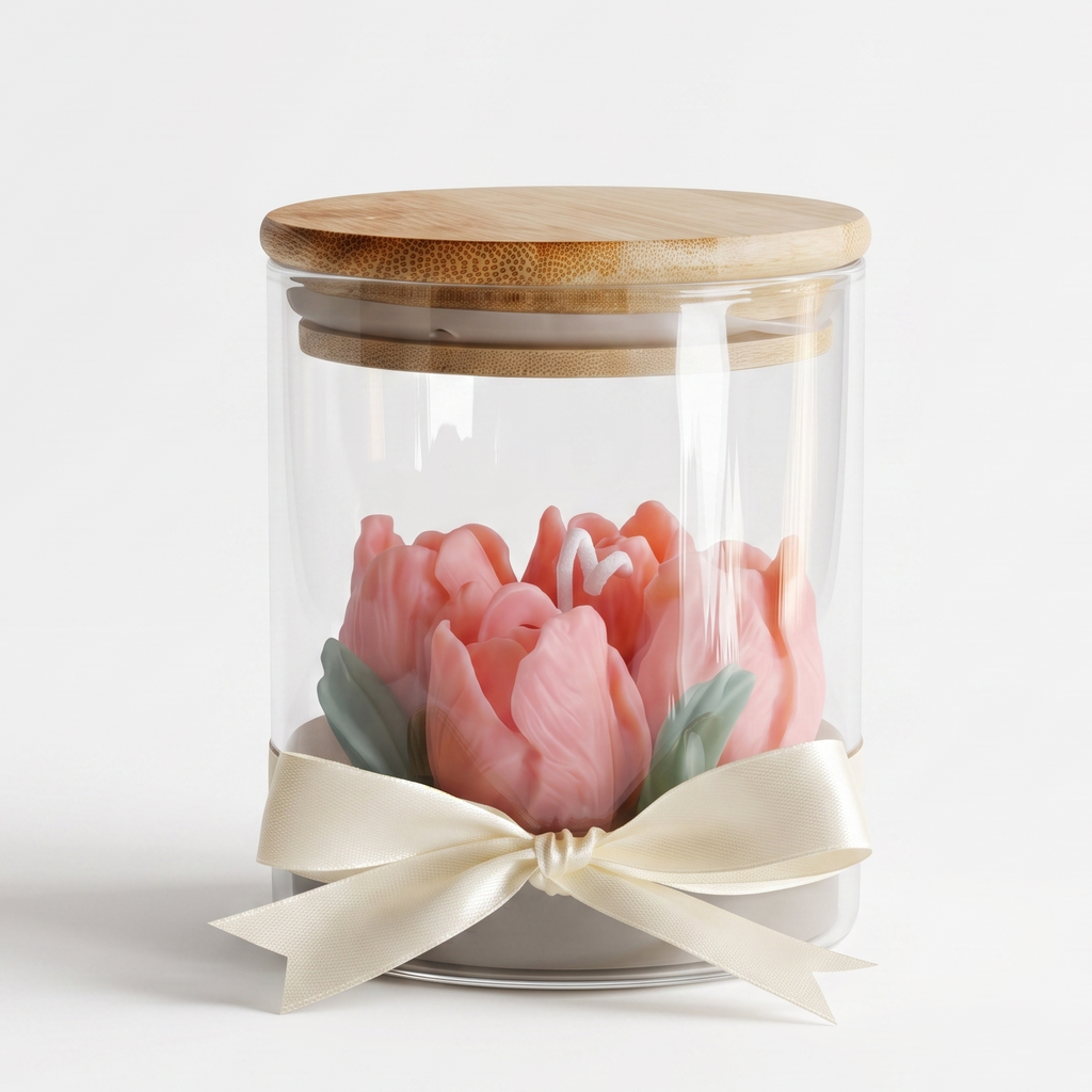 Hand-sculpted pink tulip bouquet wax candle inside a clear glass jar with a natural bamboo lid. Elegant soy wax floral candle adorned with a cream satin ribbon bow on a pure white background.