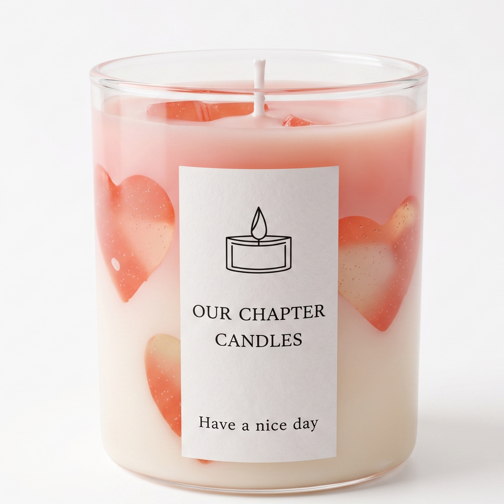 A luxury dual-layer pink and white soy wax candle in a clear glass jar based on image_446b0a.jpg. Beautifully decorated with translucent ruby-red gel wax heart shapes embedded along the inner glass wall, on a pure white background.