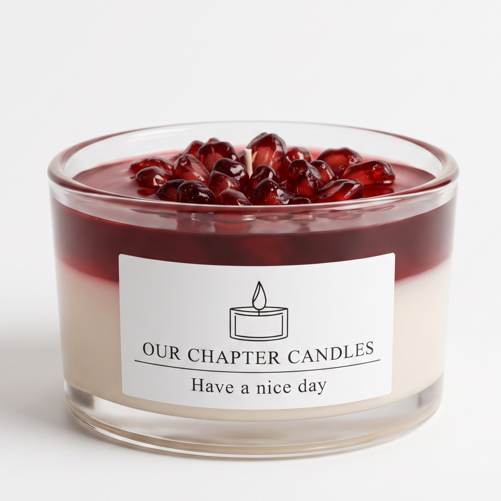 A luxury dual-layer pomegranate dessert soy and gel wax candle in a clear glass jar based on image_2a0a03.jpg. Features a solid cream white base, a crystal-clear deep red jelly layer, and a top pile of realistic ruby-red wax pomegranate seeds on a white background.