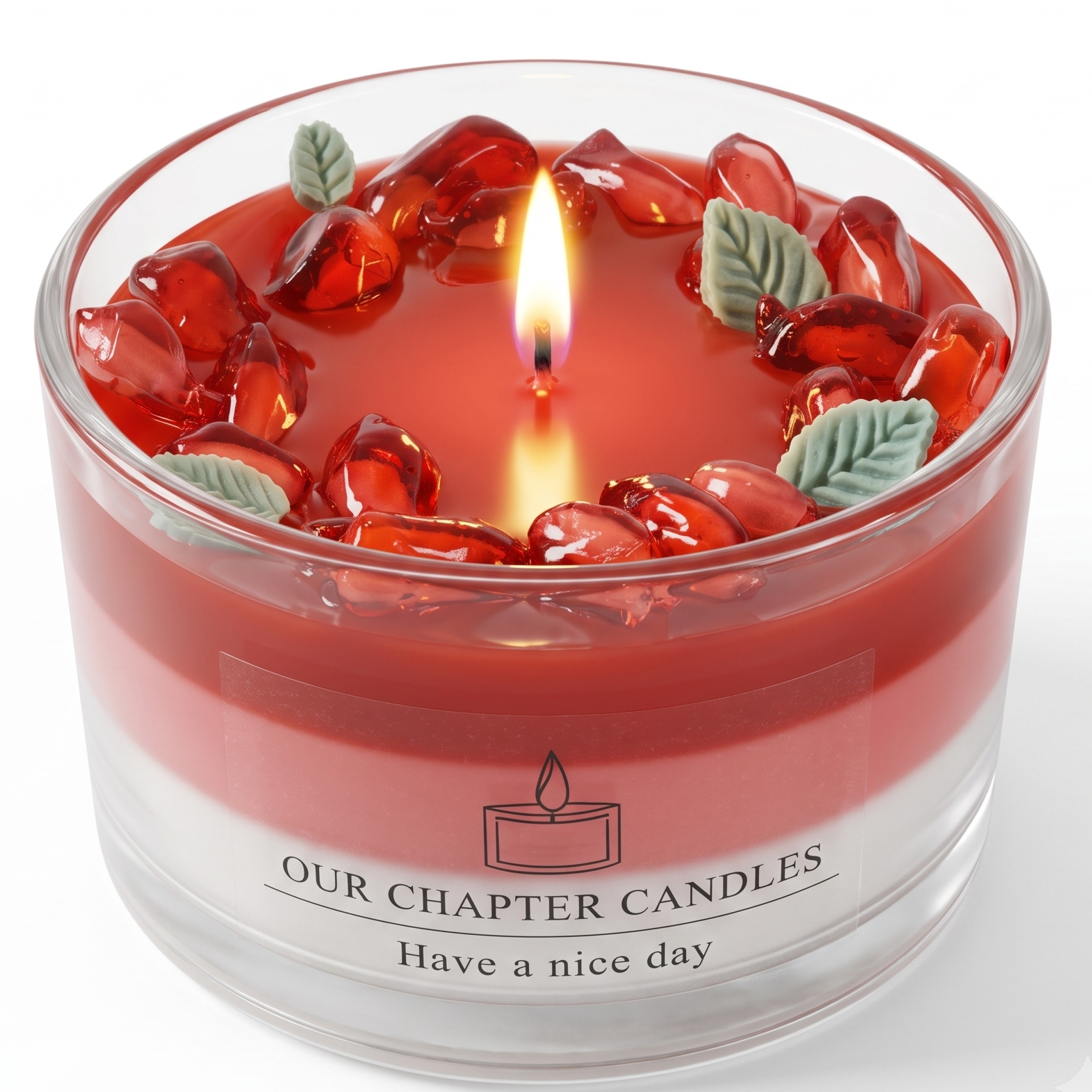 A luxury three-layer pomegranate and mint dessert soy wax candle in a clear glass jar based on image_45c1a1.jpg. Features distinct white, pink, and red wax layers topped with realistic ruby wax seeds, pale green mint leaves, and a burning flame on a white background.