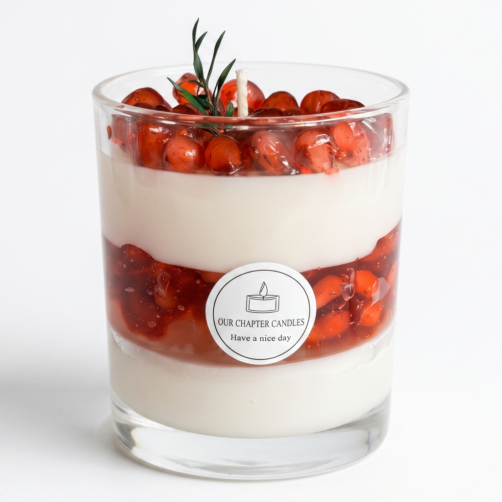 A luxury multi-layered pomegranate dessert parfait soy and gel wax candle in a clear glass jar based on image_3a0a3a.jpg. Features distinct white wax layers, a translucent red jelly fruit layer, and a top pile of realistic ruby wax seeds with a green rosemary sprig on a white background.