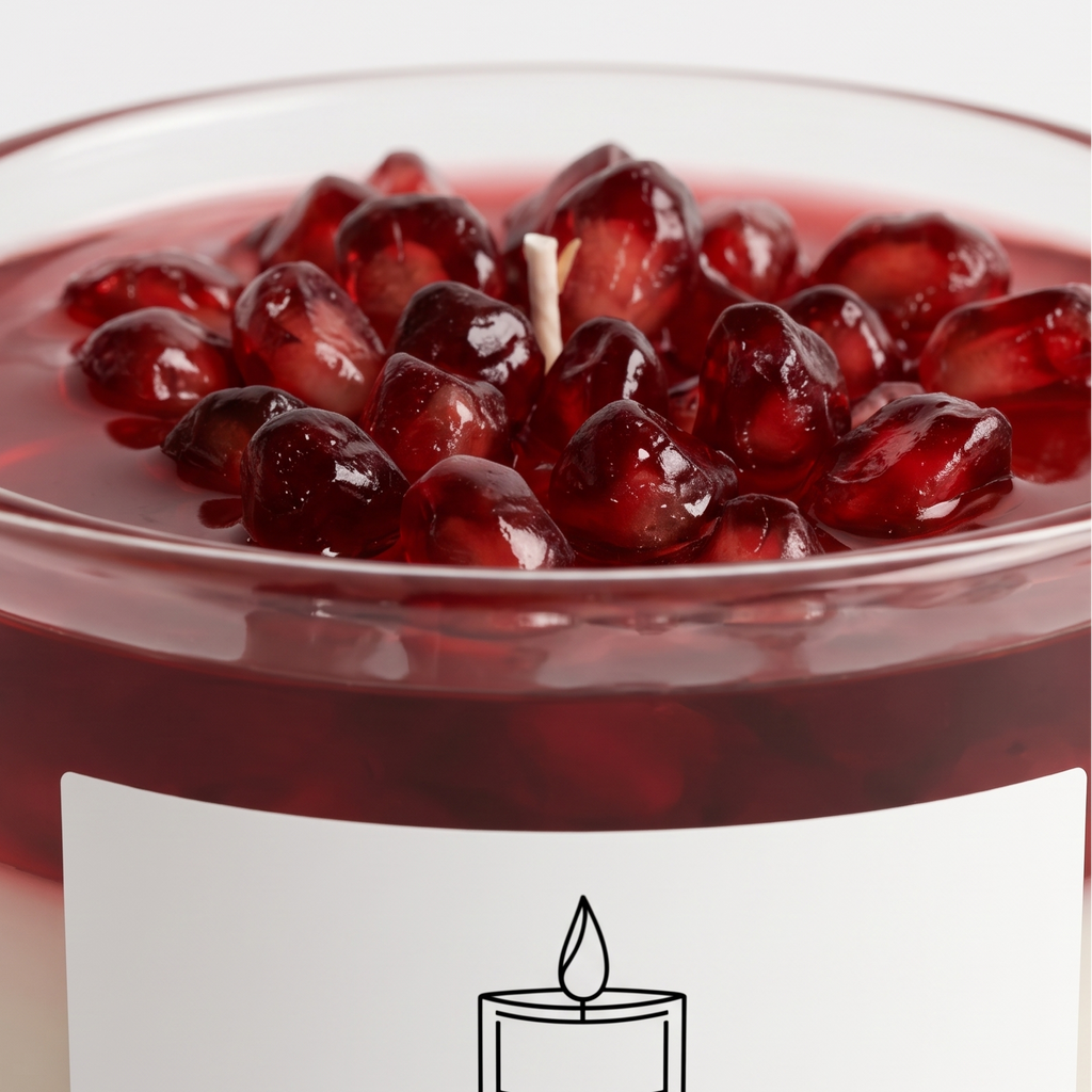 Extreme macro close-up of an aesthetic dessert candle showcasing the glossy waxy texture of ruby pomegranate seeds. High-resolution view of the translucent deep red gel layer and sharp "OUR CHAPTER CANDLES" label typography.