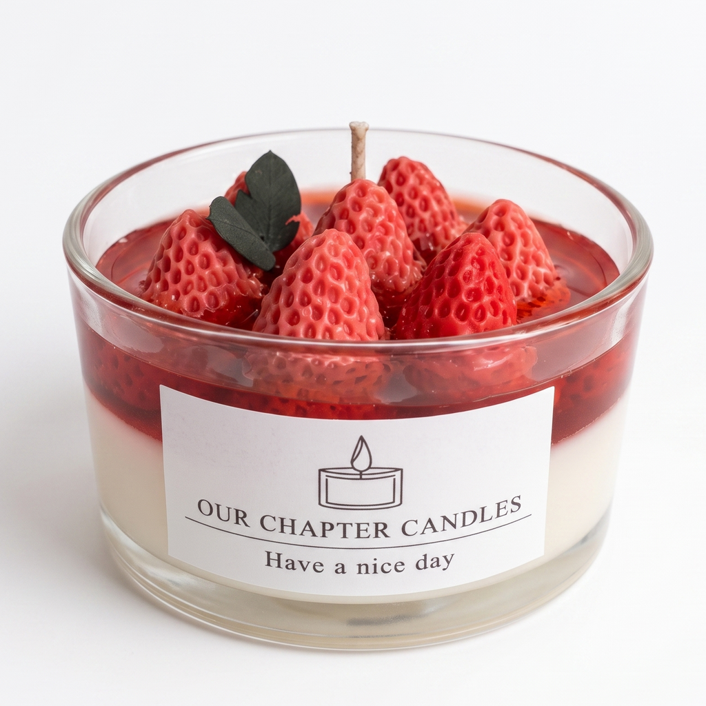 A luxury dual-layer strawberry dessert soy and gel wax candle in a clear glass jar based on image_4656f1.jpg. Features a solid white base, a translucent deep red jelly layer, and a top arrangement of realistic red wax strawberries with a green leaf on a white background.