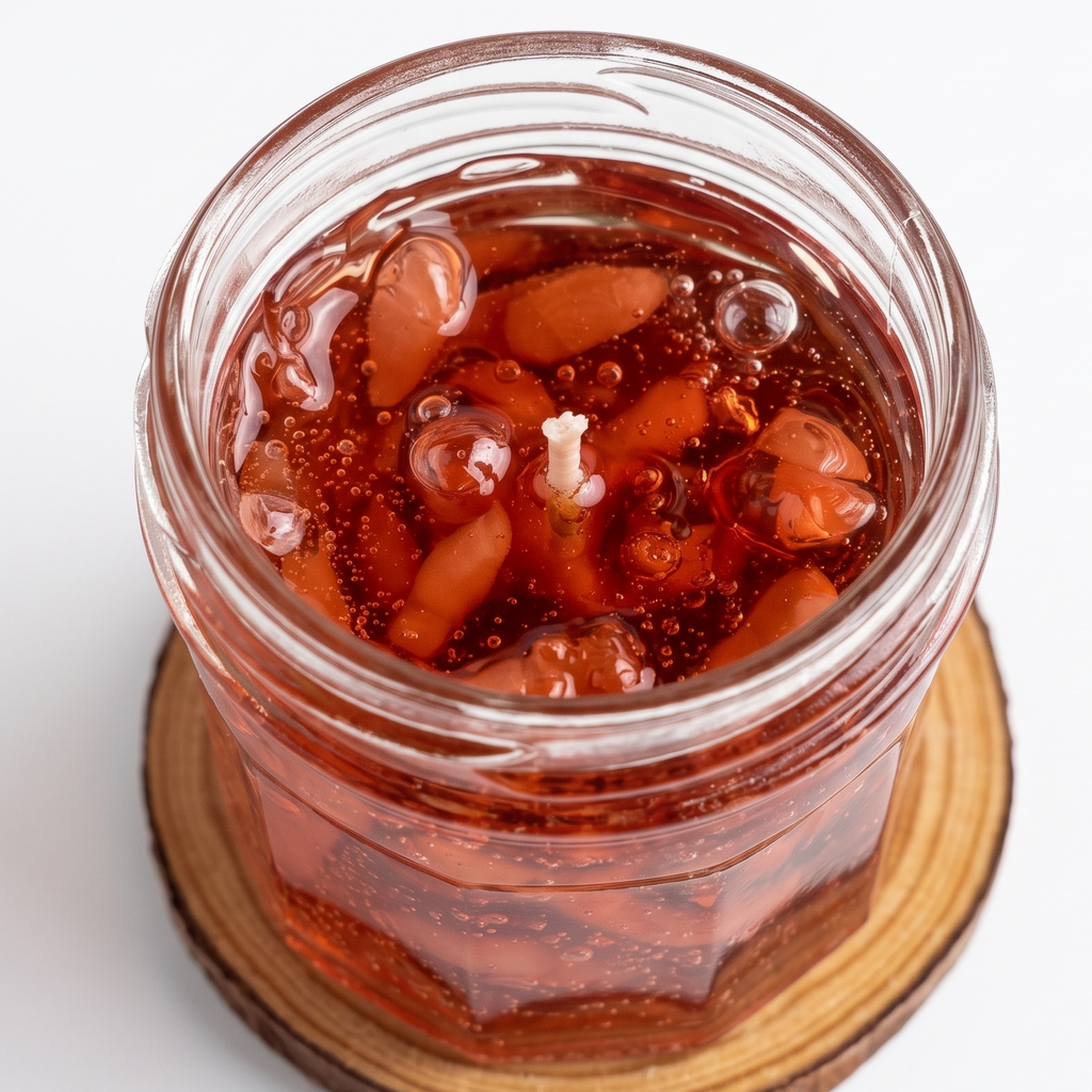 A luxury artisan strawberry jam gel wax candle in a clear faceted glass jar based on image_43fec5.jpg. Features a translucent, ruby red-brown jelly wax filled with realistic fruit pulp textures and tiny air bubbles, resting on a natural wooden coaster against a white background.